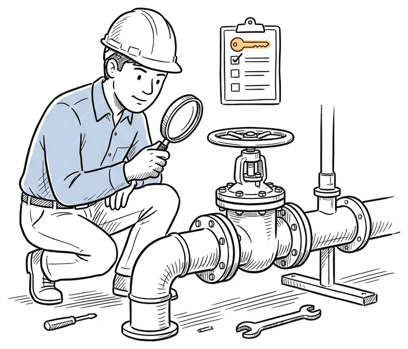 Engineer inspecting an industrial valve with a magnifying glass