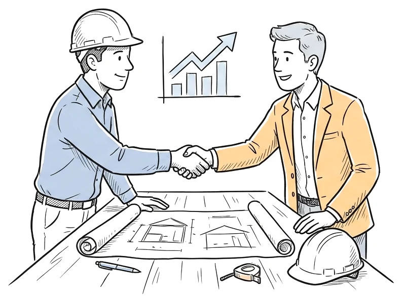 Engineer and client shaking hands over blueprints
