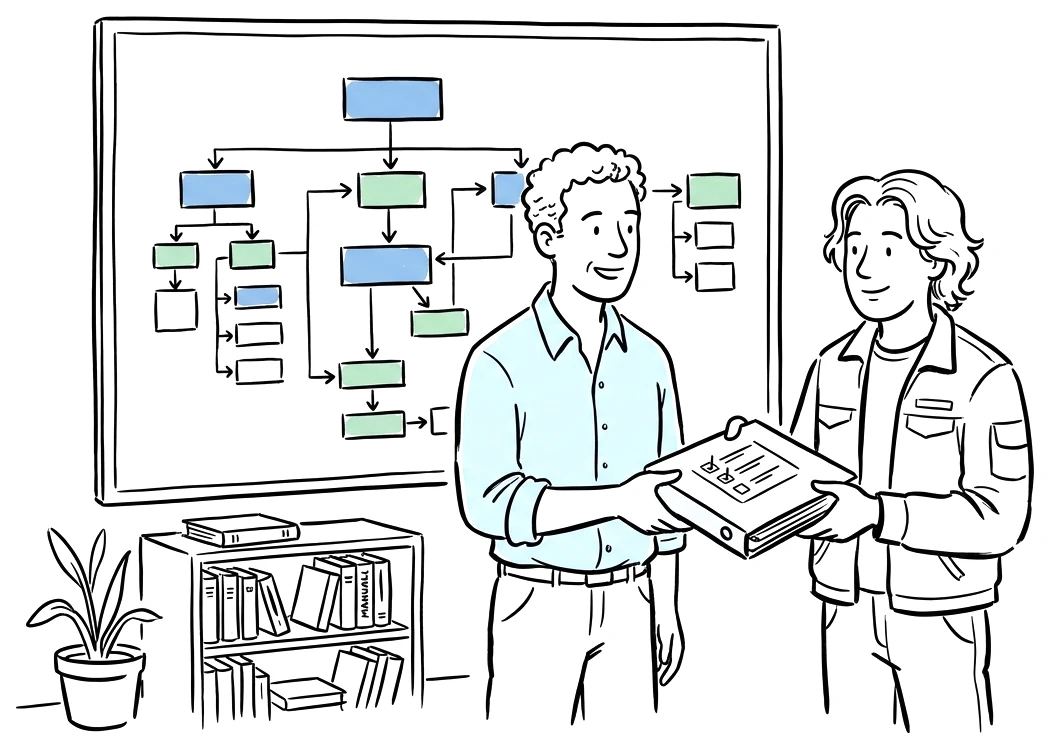 Senior engineer handing a procedures binder to a technician in front of a process chart