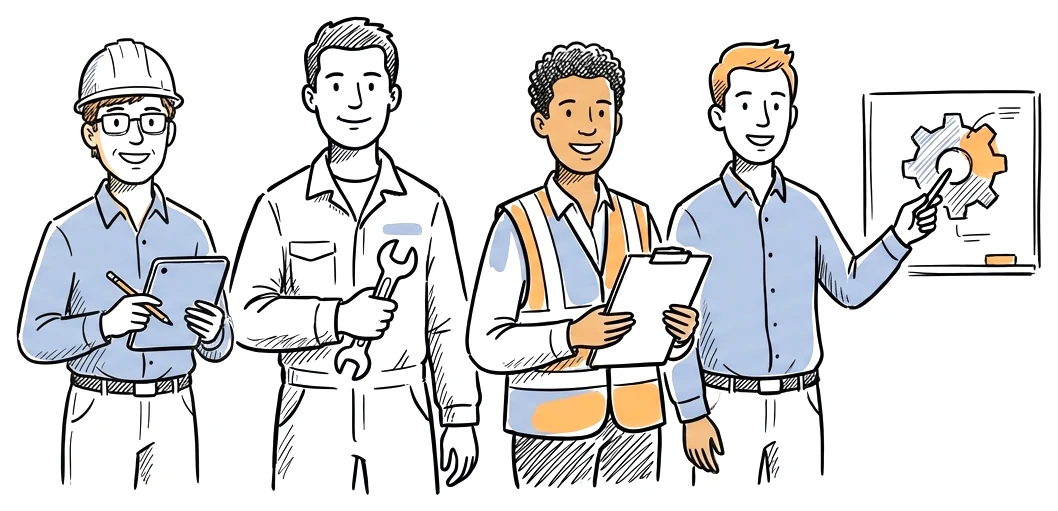 Engineer, technician, safety officer and trainer standing together