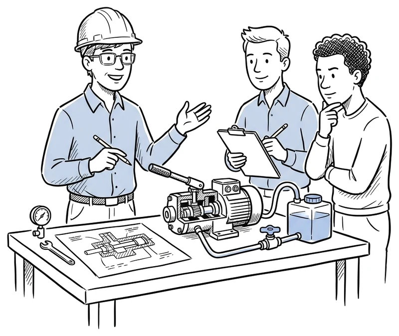 Trainer explaining a pump to two trainees at a workbench